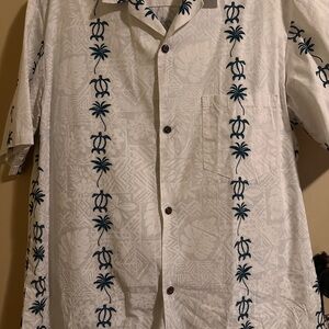 White and Blue Dress Shirt with Tribal Motifs